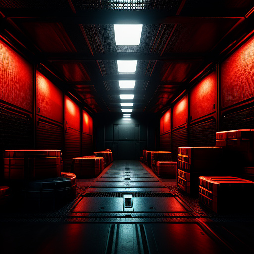 Dark cargo hold with lots of crates in sci-fi style