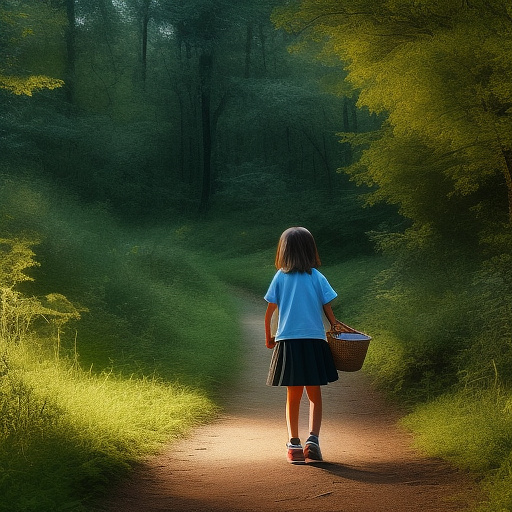 A 9-year-old girl is walking along a forest path. it's evening. she has a basket in her hand. view from behind. in custom style