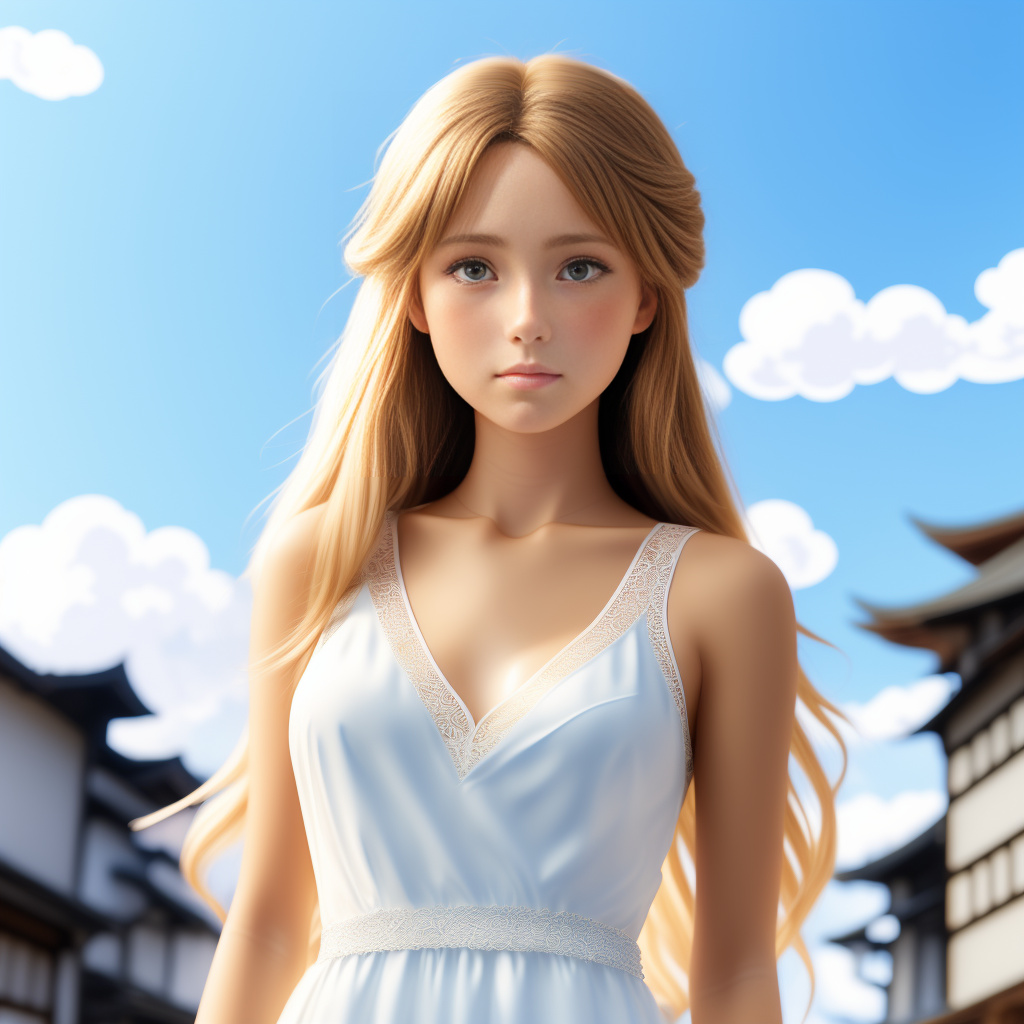 20 year old girl naked. blond. blue eyes facing the camera. full body in a transparent white dress. make her breasts petite. make her look younger like 15 but not too young. extremely realistic and young beautiful. pay ant to detail. allow skin to show through the transparent dress. you can see her brests. she’s only wearing the dress and nothing else. but younger.  in anime style