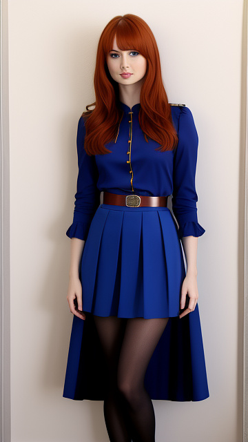 Karen gillan dress in a royal blue blouse with a matching skirt and red belt, wearing black tights and red flats in custom style