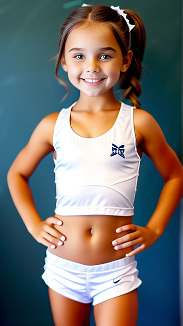 Cute white smiling girl body 7 year body, showing shoulders, slutty school outfit hands covering nipples, body 5 year old   in custom style