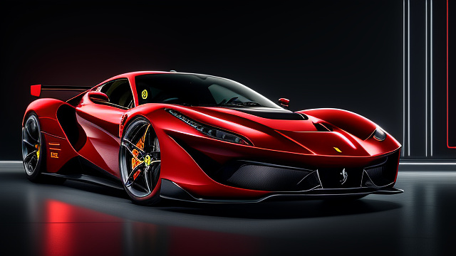 Showcases side view of a stunning redesigned 250 ferrari testa rossa, inspired by the classic 1957 model but reimagined with a futuristic and sleek aesthetic. the car is finished in a vibrant rossa corsa red, complemented by traditional white racing stripes running from the front hood to the rear, adding a classic racing heritage touch.

the front of the car features a sharp, aggressive design with slim, high-tech led headlights and a continuous blue led light strip above the large black grille. the iconic chrome prancing horse emblem is prominently displayed on the grille, polished and detailed to stand out.

the body is aerodynamic with smooth, flowing curves and sculpted side air intakes. the wheels are large, sporty, and modern with intricate black and silver rims bearing the ferrari logo at the center. the car is an open cockpit, maintaining a streamlined look.
 in cyberpunk style