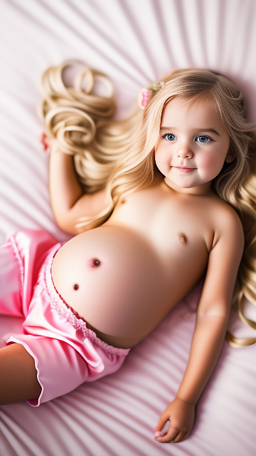 Realistic, detailed, 3-year-old long hair blonde girl, pregnant, pink wedding outfit, showing belly, laying in bed, top down full body view, red blush, tan skin  in custom style