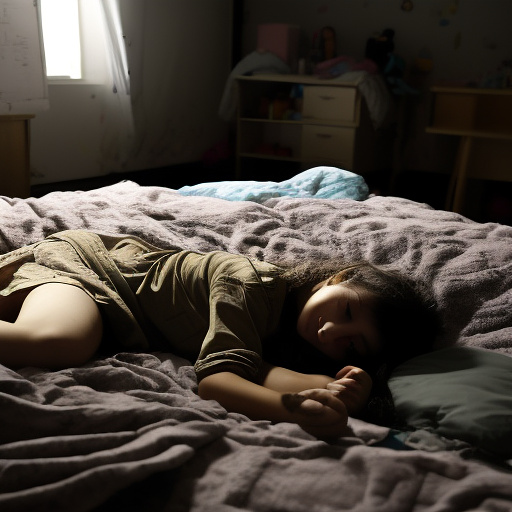 A 13-year-old girl is lying on a bed and crying. the room is dark and messy, the bed is broken. in custom style