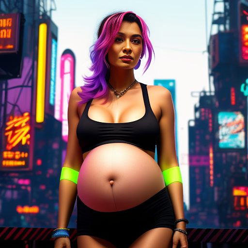 Draw a pregnant woman cast in chrome
 in cyberpunk style