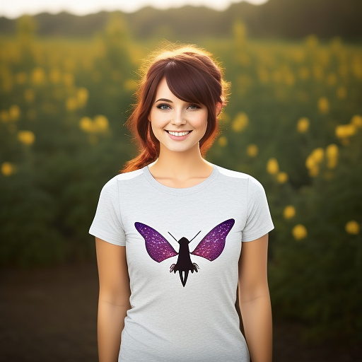 A cute female adult flying pixie with wings, flying.shirt in custom style