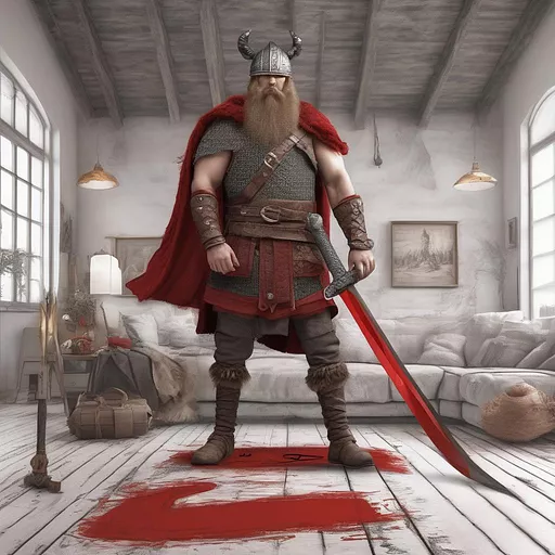 A viking warrior drawing a red big sword with a text balloon containing the word "taille" in design living room style
