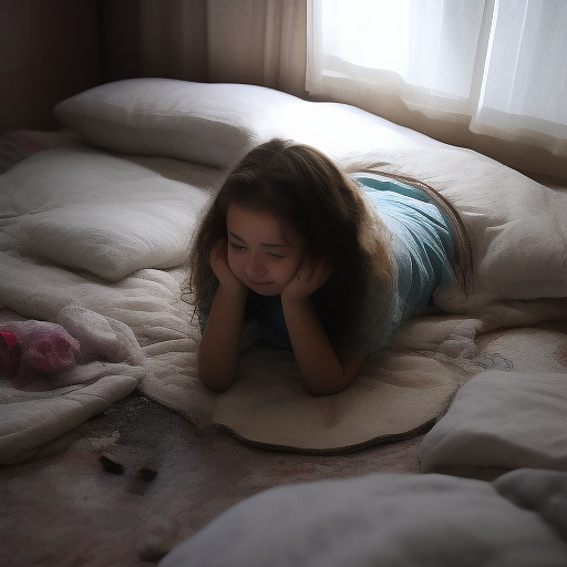 A 13-year-old girl is lying on a bed and crying. the room is dark and messy, the bed is broken. in custom style