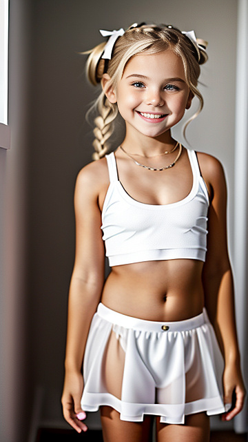 White, blonde, very cute, smiling, girl 6 years old, very large breast 48ddd, crop top see through pointy nipples , mini skirt, in custom style