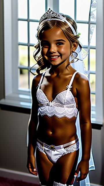 Cute white 5 year blonde girl, lace bra mini underwear ,smiling, garter belt, bride tiara long,  6 year old body make skin light, in custom style