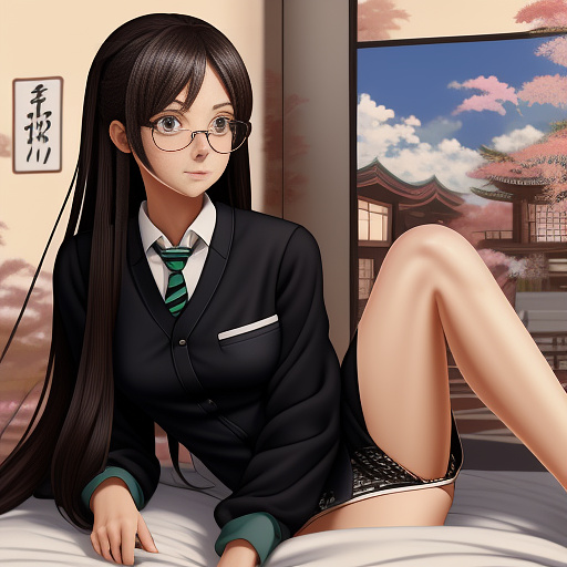 Ultra realistically a 22 year old german girl with a black braid with glasses and brown eyes 1.70 tall thin with a cell phone in hand with schoolgirl uniform with a spreading legs on the bed and underwear with opening in the crotch in anime style