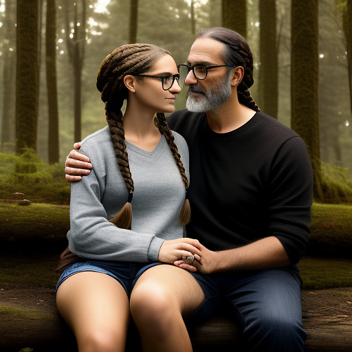 Ultra realistically a 22 year old german girl with a black braided braid with glasses and brown eyes 1.70 large thin sits in the forest on the lap of 40 year old man. in custom style