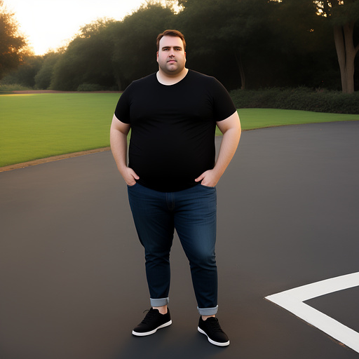Full body and beardless face visible. obese brown haired white man in jeans with black shoes and fat belly. no shirt in custom style