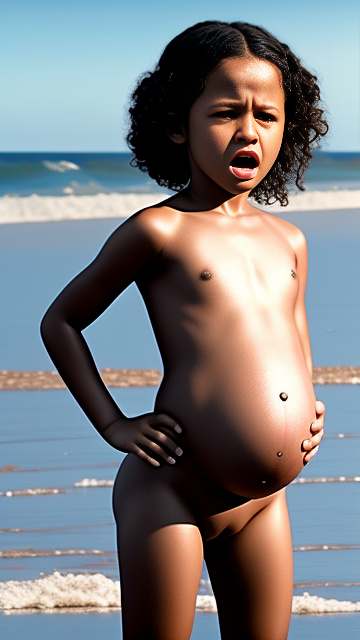 Realistic, pregnant, 7-years-old-girl, jenna ortega, beach, naked body, screaming in pain  in custom style