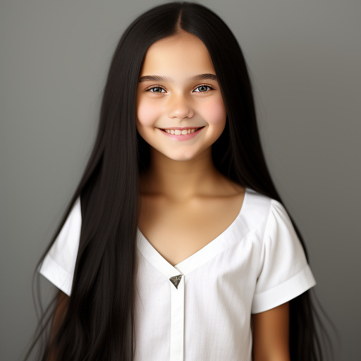 9-year-old caucasian white girl, long black hair, pretty, smiling, small breasts, wearing a white shirt in custom style