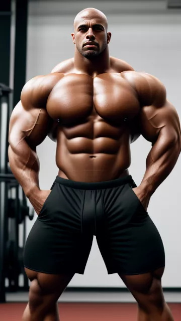 Bald skinhead 1000lbs alphamale toxic masculine enormous pumped up bodybuilder bruiser gigantic swollen veiny shredded bloated muscles thick neck wide shoulders big back huge biceps and forearms huge pecs wearing a tight muscleshirt sportshorts sneakers showing off in gym in disney painted style