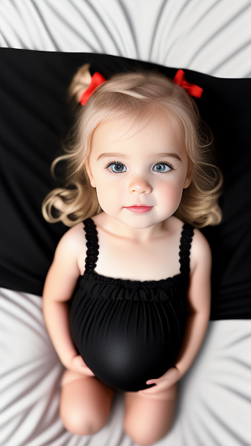 Realistic, detailed, 4-year-old blonde girl, in black dress, pregnant, laying in bed, top down full body view, red blush, right hand on belly, black eyes, black lip  in custom style