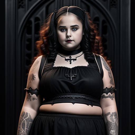 A full picture of a 14 year old chubby girl in a crop top in gothic style
