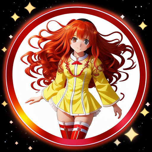 Curly beautiful red headed rocket girl goddess dressed in translucent nightwear yellow with green relief and red boots and red cape, in outer space happily flying with letters rg "rocketgirl " emblem letters showing in anime style