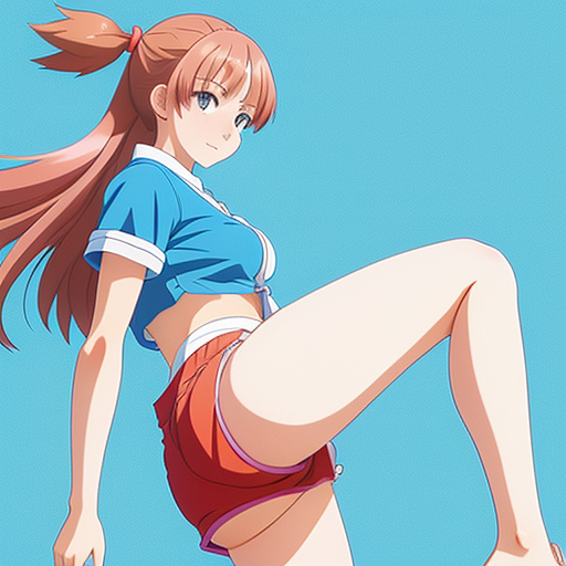 Woman in her 20s performing a knee kick in short shorts in anime style