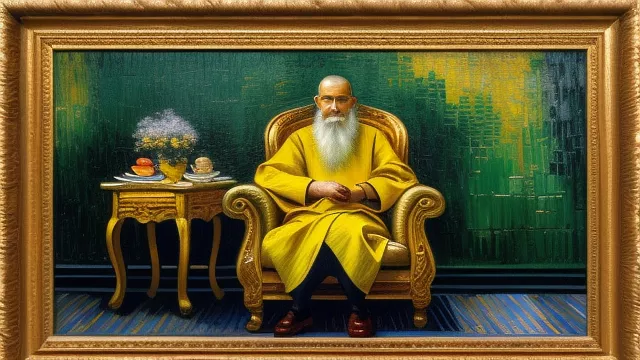 An old monk with a yellow dress sitting in his throne in neo impressionism style