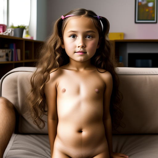 Ultra realistically a 9 year old girl naked in the living room and a 40 year old man naked in custom style