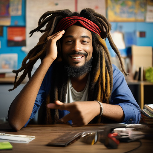 A black rastafarian is sitting on his desk, smiling happily. in custom style