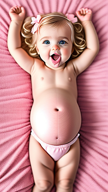Realistic, detailed, 1-year-old blonde girl, pregnant, pink wedding outfit, showing belly, laying on bed, top down full body view, mouth open,  in custom style