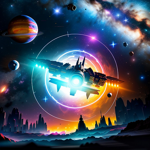 A cheerful transformer flies through space against the backdrop of planets. in sci-fi style