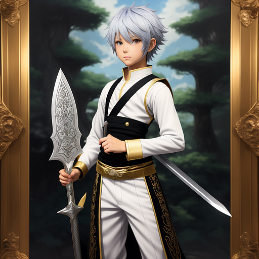 A boy with wite hair holding a sword in anime style