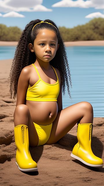 Hyper realistic, 7-years-old, jenna ortega, pregnant, yellow bikini, yellow boots in custom style
