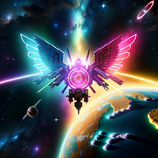 A cheerful transformer flies through space against the backdrop of planets. in angelcore style