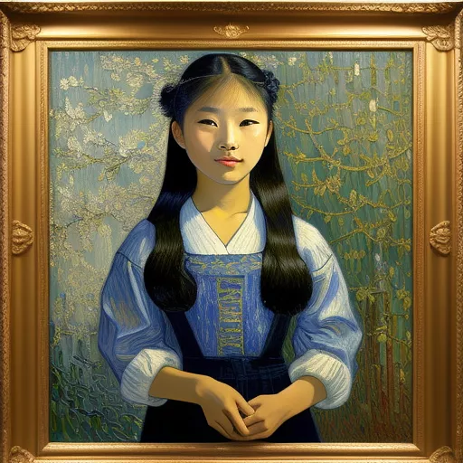 A 20-year-old asian girl who works as a carpenter  in neo impressionism style