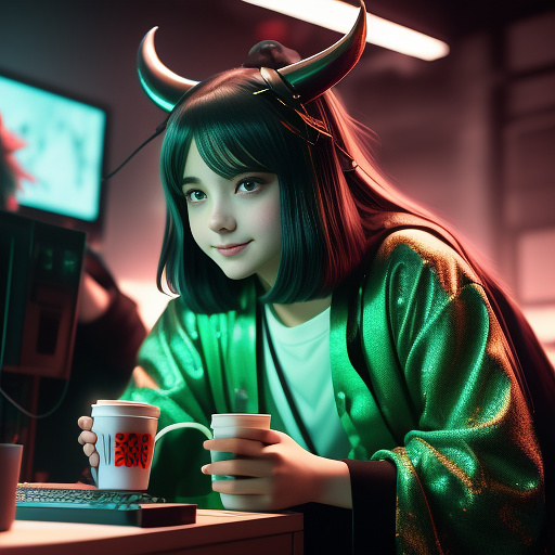 Draw a man with demon horns, holding a movie reel in one hand and a small cup of popcorn covered in green goo in the other, with an evil smile and a computer behind him with an upload progress bar, with the words "my brother the poodle ii" above it. in anime style