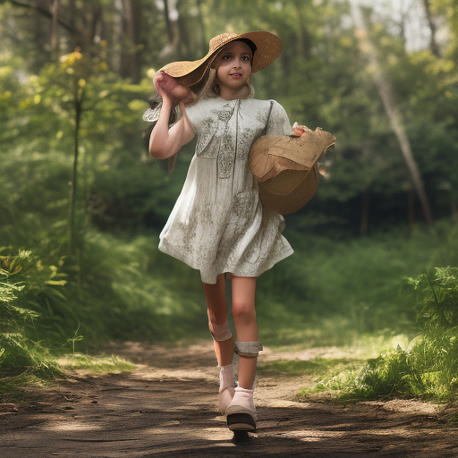 A girl is skipping along a forest path. she has a basket in her hands and a sun hat on her head. in custom style