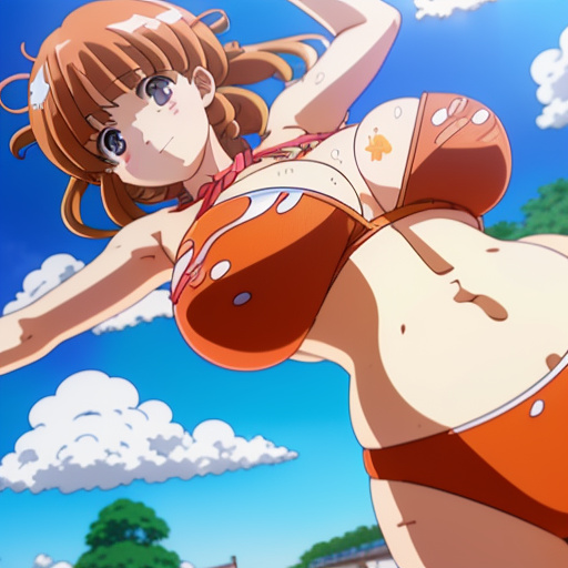 A very huge stuffed belly woman in bikini  in anime style