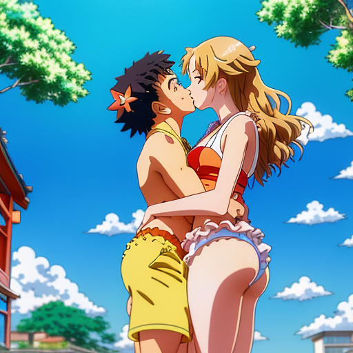 A anime woman in a two piece swimsuitc kissing a guy with him on top of her in anime style