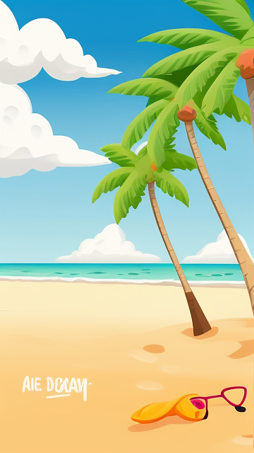 A simple style beach background with two palm trees and organic clouds in disney painted style