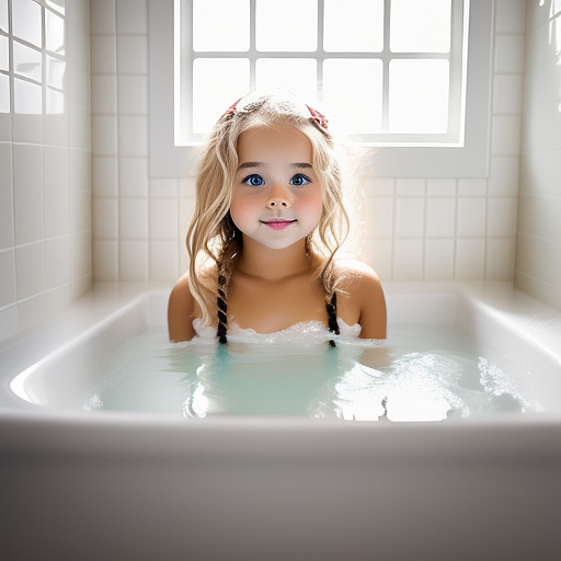 Girl blond cute in bathtub stanting in custom style