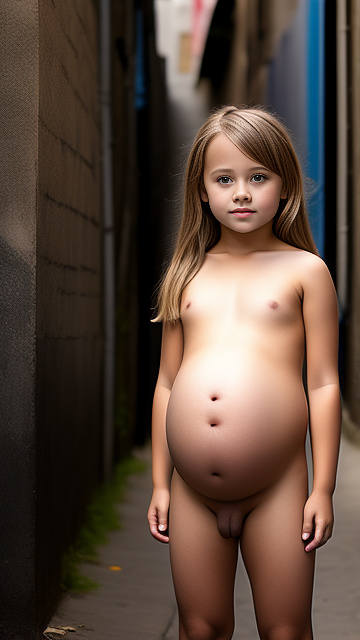 7-years-old, pregnant, nude, bigger penis, alleyway, in custom style