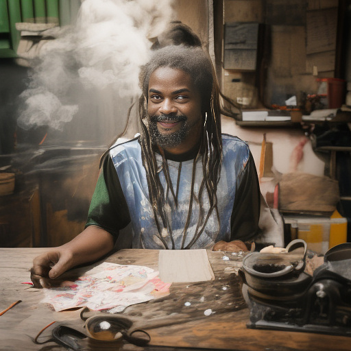 A black rastafarian is sitting on a worktable, smiling happily and smoking. the room is smoky. in custom style