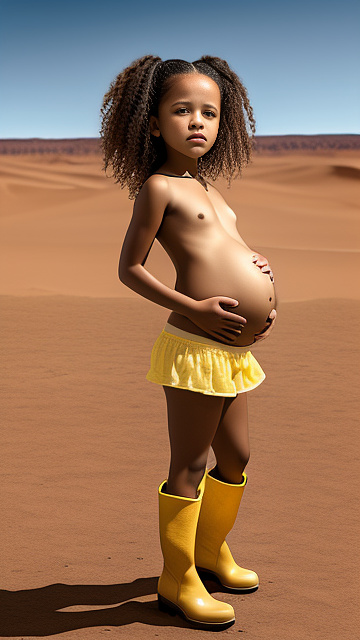 Realistic, hyper-detailed, pregnant, 7-years-old, jenna ortega, desert, yellow panties and boots, topless in custom style