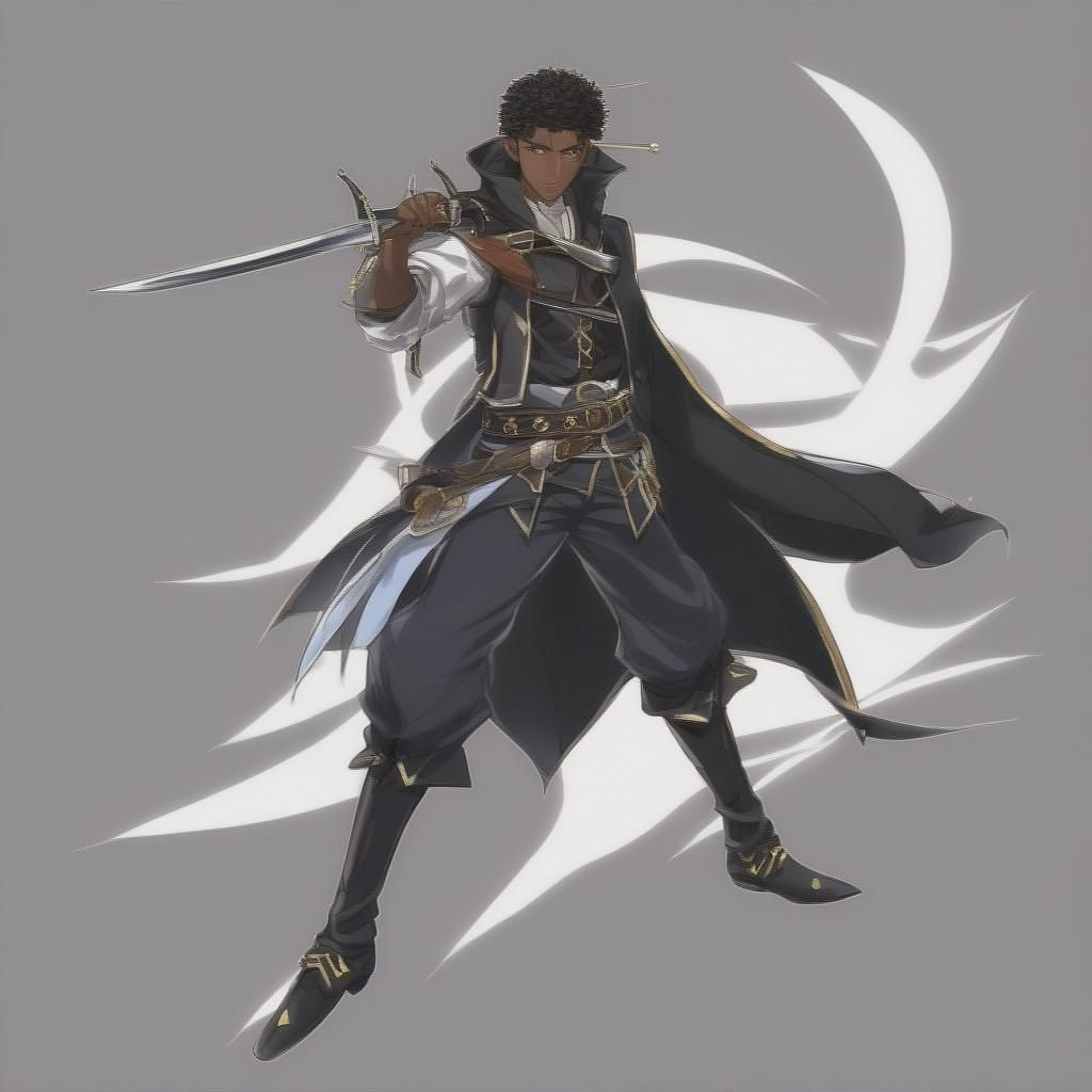 Black male elf swashbuckler dual wielding black scimitars in anime style