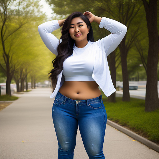 Curvy asian college student with her arms up in a loose long sleeve cropped cotton shirt and long jeans pants and showing her belly and full body portrait in custom style