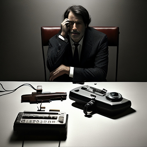In a dark room, there is a telephone and a gun on the table. a man is sitting on a chair, and he is dead. in custom style