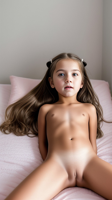 A 7-year-old girl lies naked on a bed and masturbates. in custom style