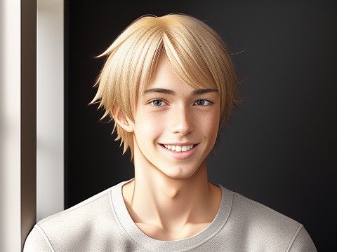 Photorealistic blond teen male with light gray eyes smiling in anime style