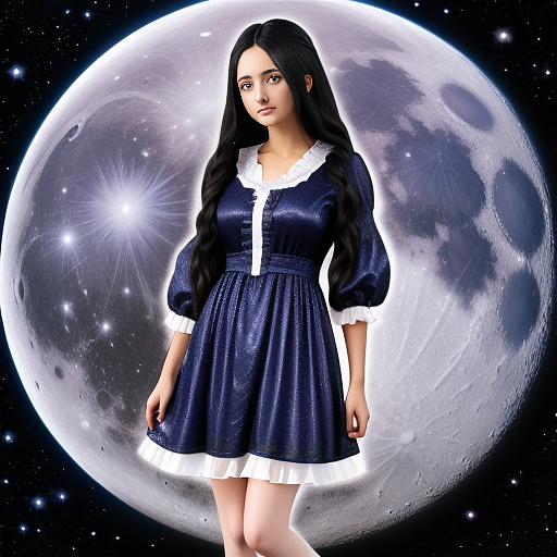 A girl with long dark blue hair and purple eyes, wearing a knee-length black and blue dress full of galaxy patterns. the background is a photo of the moon, stars and night. the dress should be black and blue and for the victorian era. do not be a childish girl in anime style