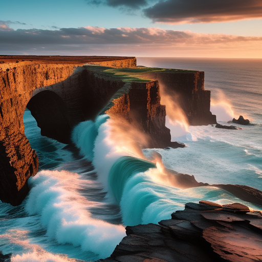 ""coastal erosion with crashing ocean waves, sea arches and stacks, waves hitting rocky cliffs, rocky shoreline at sunset, dramatic landscape photography" in custom style