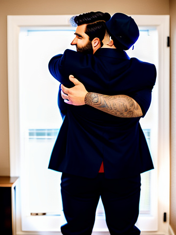 Big man hugs small man from behind in custom style